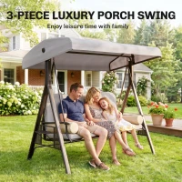 Outsunny 3 Seater Canopy Swing Chair, Outdoor Garden Swing Seat with Adjustable Canopy, Cushions and Cup Trays, Steel Frame, Light Grey(m-7)