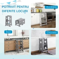 AIYAPLAY Scară Montessori Convertibilă în Set de Masă și Scaune cu Bară de Siguranță, din Lemn, 60x44.5x86 cm, Gri(m-7)