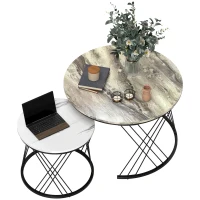 HOMCOM Couchtische im 2er-Set, Marmoroptik, Spanplatte, Metall, runde Kaffeetische für Wohnzimmer, ineinanderstellbar Grau+Weiß(m-12)