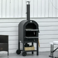 Outsunny Four à Pizza extérieur au Charbon de Bois - Barbecue sur roulettes - Four à Bois - Pierre réfractaire - cheminée, jauge température - Acier au Carbone Noir Gris(m-10)