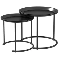 HOMCOM Set 2 Tavolini da Salotto Sovrapponibili Rotondi con Vassoio Rimovibile in Acciaio, Nero(m-1)
