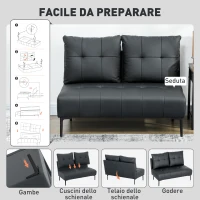 HOMCOM Divano 2 Posti in Finta Pelle Senza Braccioli e Trapuntato a Bottoni, 115x73x83 cm, Nero(m-7)