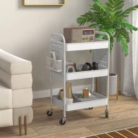 HOMCOM 3-tier Storage Trolley on Wheels, Rolling Utility Serving Cart with 3 Mesh Baskets, 2 Hanging Boxes and 6 Hooks for Living Room, Kitchen, White(m-2)