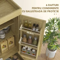 HOMCOM Bufet de Bucătărie Stil Boho cu 2 Dulapuri, Sertar și Suport pentru Condimente din Lemn și Ratan, 76x40x183cm, Stejar(m-7)