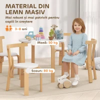 AIYAPLAY Set masă și scaune pentru copii 3-8 ani, 5 piese cu margini rotunjite, din lemn alb(m-6)