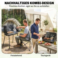 Outsunny Tragbarer Gasgrill 2 Brenner 7 kW 2-in-1 Tischgrill mit Braten klappbar Beinen Grillrost Windschutz Deckel Verschluss(m-5)