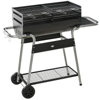 Outsunny Charcoal Barbecue Grill BBQ Trolley - with Double Grill, Side Table, Storage Shelf, and Wheels for Outdoor Cooking, 130 x 51 x 111cm, Black(m-11)