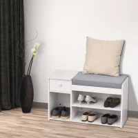 HOMCOM Bancă pentru încălțăminte cu pernă, sertar și 3 compartimente deschise din lemn, 81x31.5x49cm, Alb(m-10)