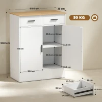 HOMCOM Sideboard mit Stauraum, Kommode mit 2 Schubladen, verstellbares Regal, für Küche, Wohnzimmer, Flur, Naturholz, Weiß(m-3)