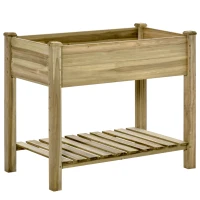 Outsunny Huerto Urbano de Madera con Estante Mesa de Cultivo Rectangular con Orificios de Drenaje para Cultivos Plantas Jardín Terraza Exterior Carga 80 kg 91x51x76 cm Natural(m-12)