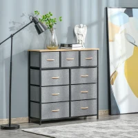 HOMCOM Commode 9 tiroirs meuble de rangement tiroir en tissu pliant - structure acier noir - 100 x 30 x 100 cm, chêne et gris(m-10)