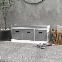 HOMCOM Bancă pentru Pantofi din Lemn cu 3 Sertare și Șezut Tapițat din Material Textil pentru 3 Perechi de Pantofi, 105x35x47 cm, Alb(m-10)