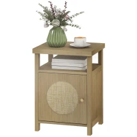 HOMCOM Mesita de Noche con Puerta de Ratán Mesilla de Noche con Estante Abierto y Compartimento 40x35x55 cm Madera Natural(m-11)