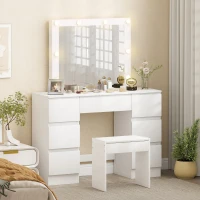 HOMCOM Masă de Toaletă pentru Machiaj cu Oglindă, Design Hollywood, 8 Lămpi LED, 7 Sertare și Taburet Tapițat, Alb(m-10)