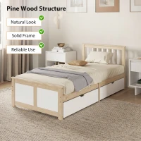 HOMCOM Pine Storage Bed, 3ft Single Solid Wooden Bed Frame with Drawers, Headboard, Wood Slat Support, Natural Wood Finish(m-4)