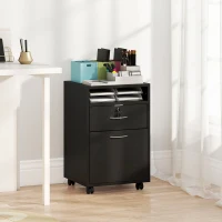 HOMCOM Mobiletto da Ufficio in Legno con Ripiano Aperto, Cassetto con Serratura e Armadietto, 40x35x60 cm, Nero(m-10)
