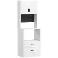 HOMCOM Mueble Auxiliar de Cocina con Soporte para Microondas 2 Cajones 2 Puertas y Panel Perforado de Metal Blanco(m-1)
