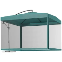 Outsunny Sombrilla de Jardín Ø295 cm Parasol Excéntrico Inclinable con Mosquiteras Base Cruzada y Manivela Verde Oscuro(m-1)