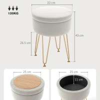 HOMCOM 5L Velvet-Feel Storage Ottoman - Cream White(m-3)
