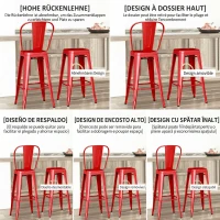 HOMCOM, Set 2 Taburete de Bucătărie, Spătar Detașabil și Reazem pentru Picioare, din Metal, 44x46x116 cm, Roșu(m-4)