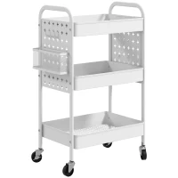 HOMCOM 3-tier Storage Trolley on Wheels, Rolling Utility Serving Cart with 3 Mesh Baskets, 2 Hanging Boxes and 6 Hooks for Living Room, Kitchen, White(m-1)