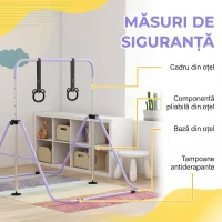 HOMCOM Bară Gimnastică Artistică pentru Copii Reglabilă cu 2 Inele, din Oțel, 148 x 105 x 128 cm, Mov(m-5)