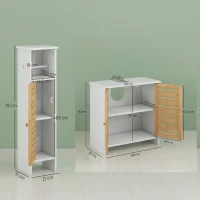 HOMCOM Conjunto de Móveis para Casa de Banho Inclui 1 Móvel para Lavatório Pousar 1 Coluna Casa de Banho com Portas de Bambu Suporte para Papel Higiénico e Prateleiras Ajustáveis Branco e Madeira(m-3)