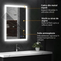 kleankin Oglinda de Baie Iluminata 800 x 600 mm cu Iluminare din Spate cu Lumini LED, Oglinda de Baie de Perete cu 3 Lumini, Intrerupator Tactil Reglabil, Folie de Dezaburire, Orizontala/Verticala(m-7)
