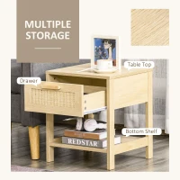 HOMCOM Bedside Table, Nightstand with Rattan Drawer and Storage Open Shelf, Farmhouse Side Table for Bedroom, Living Room, Set of 2(m-5)
