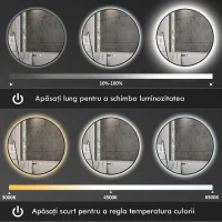 HOMCOM Oglindă de baie cu lumină LED reglabilă, antiaburire și afișaj pentru oră și temperatură, Ø70 cm, negru(m-4)