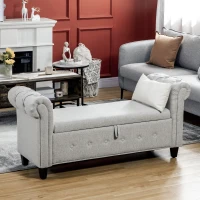 HOMCOM Banco de Pé de Cama de Linho com Dobradiças na Tampa Pés de Madeira e Apoio para os Braços 146,5x49x74,5cm Cinza Claro(m-10)
