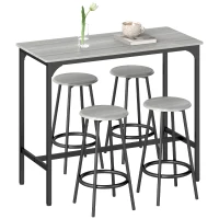 HOMCOM Set de Masă 5 Piese cu Tejghea de Bar 110x50x89,5 cm și Scaune Ø30x60,5 cm din Lemn și Metal Gri și Negru(m-11)