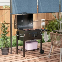 Outsunny Charcoal Grill BBQ Trolley with Adjustable Charcoal Grate, Garden Metal Smoker Barbecue with Shelf, Side Table, Wheels, Built-in Thermometer, Bottle Opener(m-2)