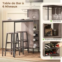 HOMCOM Ensemble table de bar avec tabourets, table à manger debout avec 2 chaises de bar étagères, casiers à vin, gris(m-4)