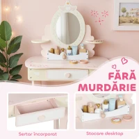 AIYAPLAY Set Măsuță de Toaletă cu Oglindă și Scăunel din Lemn 2 în 1 pentru Copii cu 7 Accesorii Incluse, Roz(m-6)