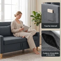HOMCOM Divano 2 Posti con Spazio Portaoggetti e Cuscini, in Tessuto Effetto Lino e Legno, 135x72x84 cm, Grigio Scuro(m-7)