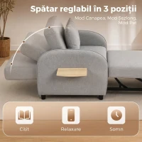 HOMCOM Fotoliu Extensibil 3 în 1 cu Spătar Reglabil, Tapițat din In și Lemn, 78x88x82 cm, Gri(m-5)
