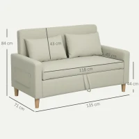 HOMCOM Sofá de 2 Plazas Tapizado en Lino Sintético con Espacio de Almacenaje 2 Almohadas y Patas de Madera 135x71x84 cm Beige(m-3)