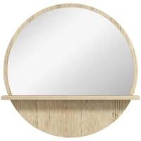 kleankin Oglindă de Baie Rotundă din PAL și Sticlă cu Raft pentru Depozitare și 2 Cârlige pentru Fixare, Ø45x10 cm, Lemn Natural(m-12)