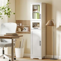 HOMCOM Coluna Casa de Banho com Porta de Vidro Prateleiras Ajustáveis Gaveta para Espaços Pequenos 40x31x170 cm Branco(m-8)