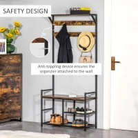 HOMCOM Coat Rack Stand Shoe Storage Bench with 9 Hooks Shelves for Bedroom Living Room Entryway Brown and Black 180cm(m-5)