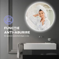 kleankin Oglindă de Baie cu Lumini LED Reglabile, Comutatoare Touch și Design Anti-aburire, Ø60 cm(m-7)