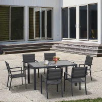 Outsunny Set da Giardino con Tavolo Allungabile in Vetro e 6 Sedie con Seduta Traspirante, Grigio Scuro(m-10)