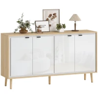 HOMCOM Bufet Modern cu 4 Uși și Raft Reglabil, 141x35x77 cm, Alb Lucios și Stejar(m-11)