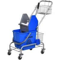 HOMCOM Cărucior de Curățenie Profesional cu Găleată de 26L pentru Mop, Stoarcător și Coșuri din Plasă, Albastru(m-12)