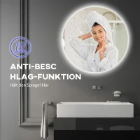 kleankin Badezimmerspiegel, LED, Farbwechsel, Antibeschlag, Touch-Schalter, IP44, Ø 60 cm, Weiß(m-6)