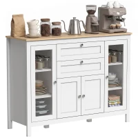 HOMCOM Mobilier de Bucătărie cu 2 Sertare și 3 Dulapuri, Uși din Sticlă și Rafturi Ajustabile, 120x40x90 cm, Alb și Stejar(m-15)