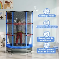 HOMCOM Trambulină pentru Copii 3-6 Ani cu Plasă de Protecție, 6 Coloane și 3 Intrări, Ø140x190 cm, Albastru și Negru(m-4)