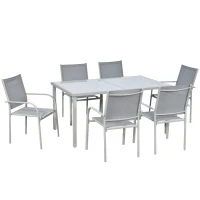 Outsunny 7 Piece Garden Dining Set - Outdoor Table and 6 Stackable Chairs with Steel Frame, Tempered Glass Top Table, and Mesh Seats, Grey(m-1)