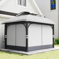 Outsunny Gartenpavillon, 3,3 x 4 m Gartenzelt mit Netz-Vorhängen, zweistufiges Dach, Kunstleder-Bezug, Metallrahmen, Hellgrau(m-9)